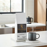Vitality Mushroom Coffee bag and steaming mug on kitchen counter