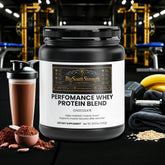 Chocolate Performance Whey Protein Blend for muscle recovery and growth, shown with shaker and gym gear