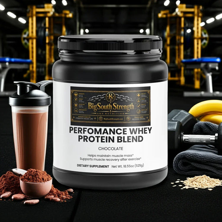 Chocolate Performance Whey Protein Blend for muscle recovery and growth, shown with shaker and gym gear