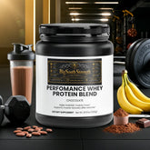Chocolate Performance Whey Protein Blend with bananas, dumbbells, and shaker for muscle recovery