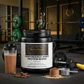 Chocolate whey protein blend with shaker, dumbbells, and gym equipment for muscle recovery and performance