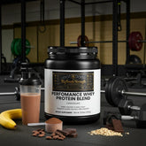 Chocolate Performance Whey Protein Blend tub with shaker, banana, oats, and chocolate in gym setting