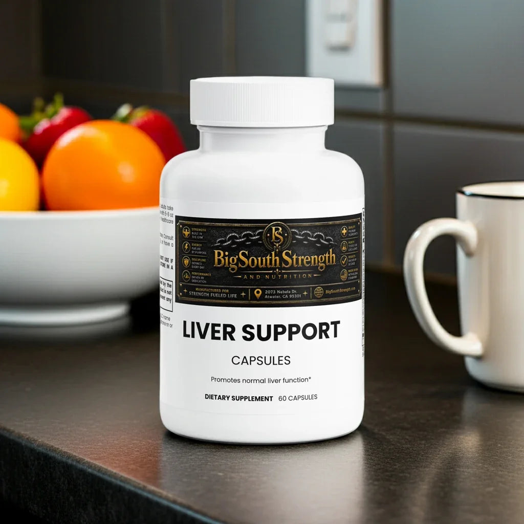 Liver Support Capsules for normal liver function, dietary supplement on kitchen counter