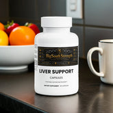 Liver Support Capsules for normal liver function, dietary supplement on kitchen counter