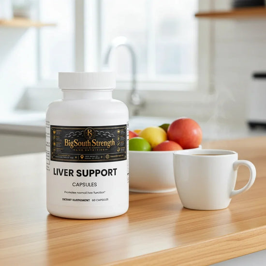 Liver Support Capsules for healthy liver function on kitchen counter with fruit and coffee