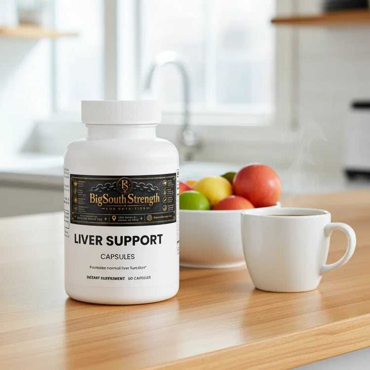 Liver Support Capsules for healthy liver function on kitchen counter with fruit and coffee