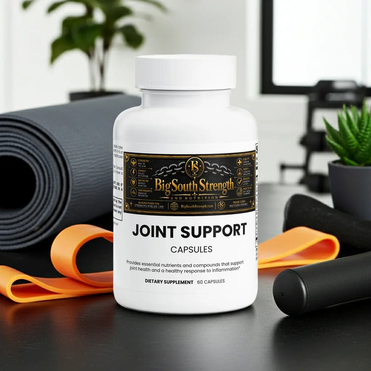 Joint Support Capsules for muscle recovery and joint health, surrounded by fitness gear