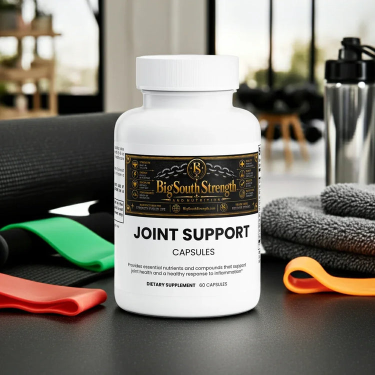 Joint Support Capsules for muscle recovery and joint health with resistance bands and gym gear