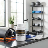 Joint Support Capsules for muscle recovery and performance, surrounded by gym equipment