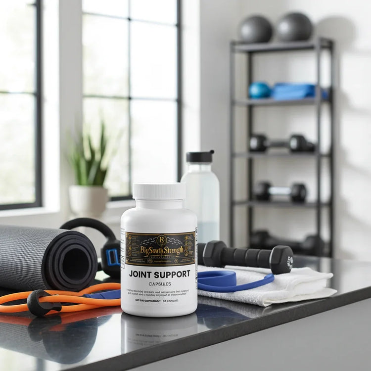Joint Support Capsules for muscle recovery and performance, surrounded by gym equipment