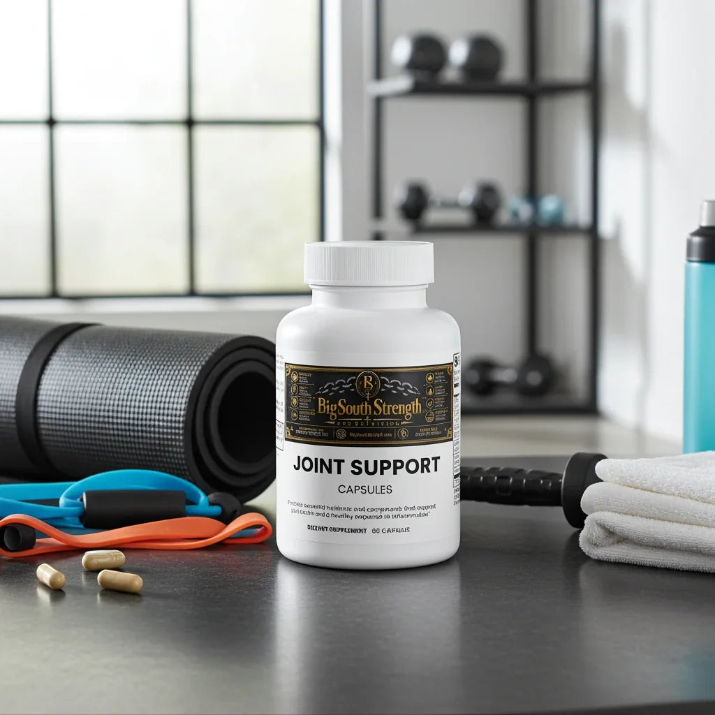 Joint Support Capsules for muscle recovery and wellness, surrounded by gym gear