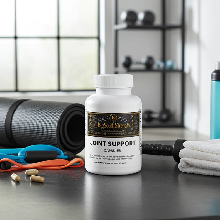 Joint Support Capsules for muscle recovery and wellness, surrounded by gym gear