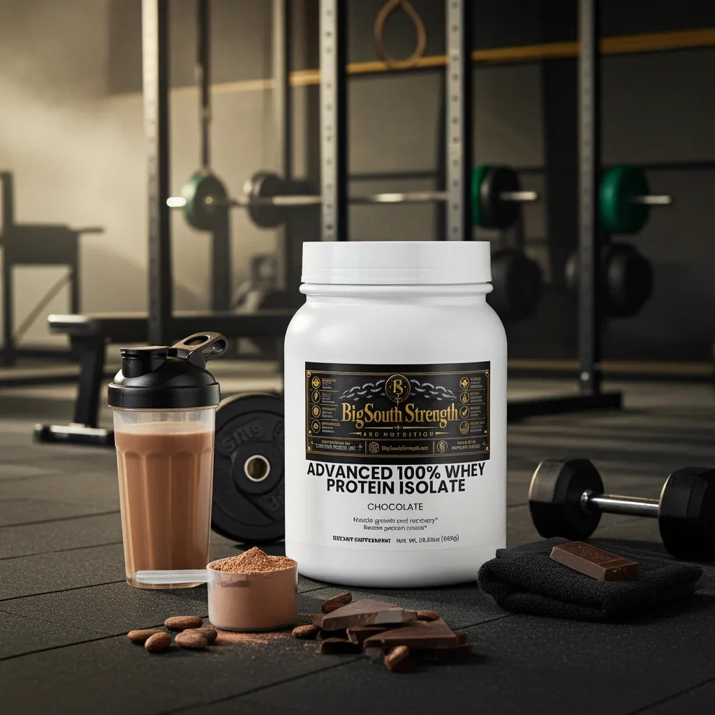 Chocolate whey protein isolate with shaker, dumbbells, and chocolate pieces in gym setting
