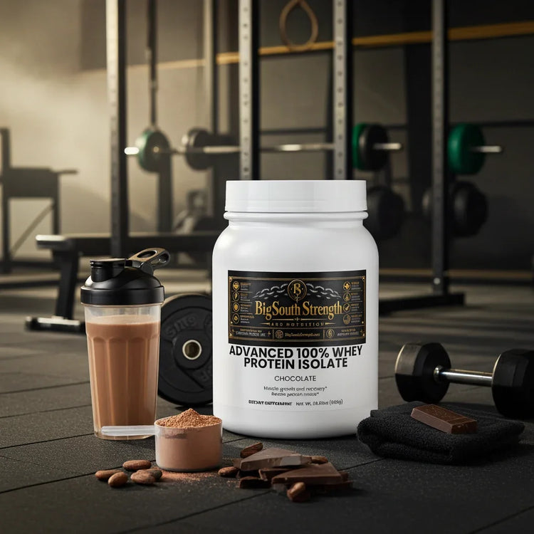 Chocolate whey protein isolate with shaker, dumbbells, and chocolate pieces in gym setting