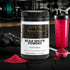 BCAA Shock Powder Fruit Punch for muscle recovery and growth, with shaker and scoop on gym mat