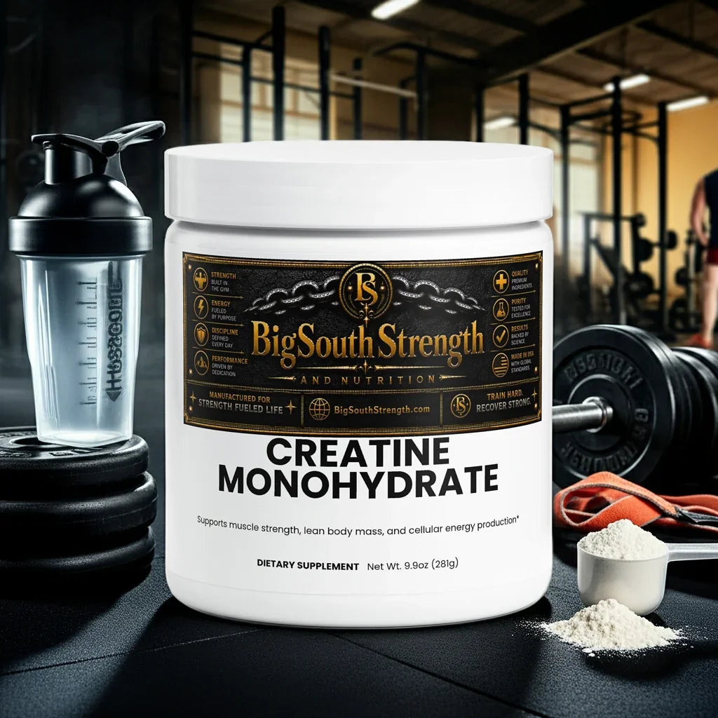 Creatine Monohydrate supplement for muscle strength and energy with shaker and weights