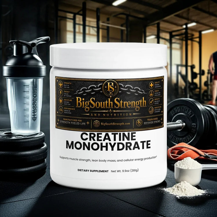 Creatine Monohydrate supplement for muscle strength and energy with shaker and weights