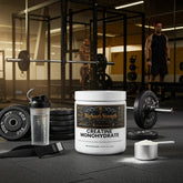 Creatine Monohydrate supplement with gym equipment and shaker bottle for muscle strength and recovery