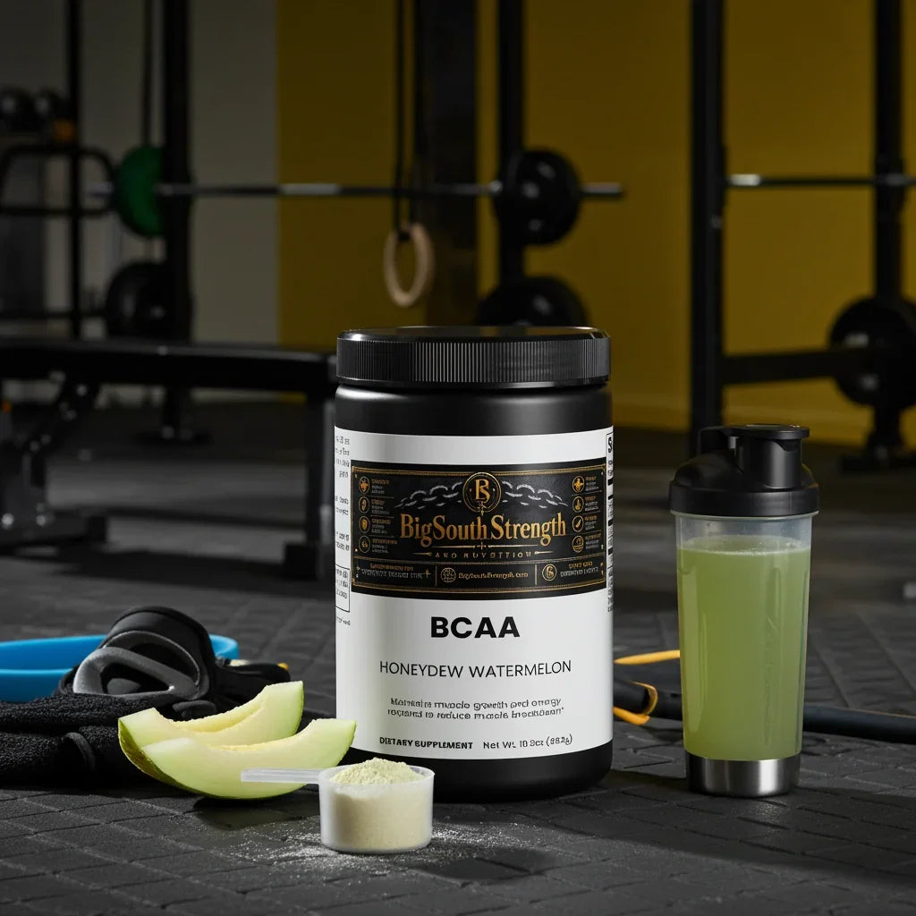 BCAA Honeydew Watermelon supplement with gym gear and mixed drink for muscle recovery