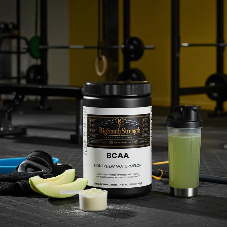 BCAA Honeydew Watermelon supplement with gym gear and mixed drink for muscle recovery