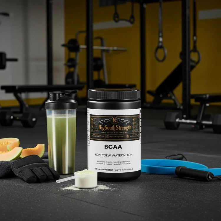 BCAA Honeydew Watermelon supplement with gym gear and green shake for muscle recovery