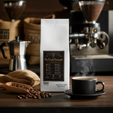 BigSouthStrength Deep Roast Coffee bag with steaming cup and coffee beans on wooden table