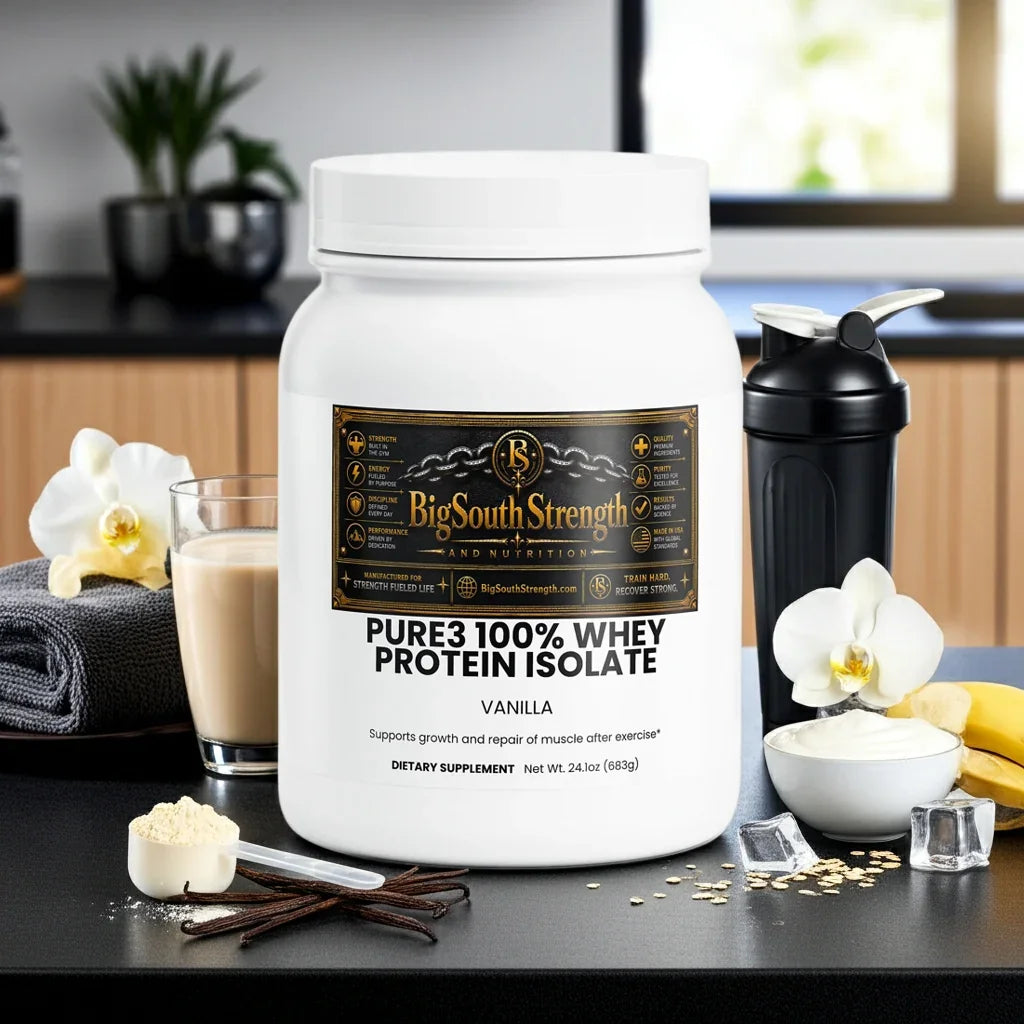 Vanilla whey protein isolate supplement with shaker, oats, and banana for muscle recovery