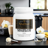 Vanilla whey protein isolate supplement with shaker, oats, and banana for muscle recovery