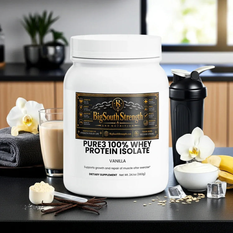 Vanilla whey protein isolate supplement with shaker, oats, and banana for muscle recovery