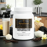 Vanilla whey protein isolate supplement with shaker, oats, and vanilla beans for muscle recovery