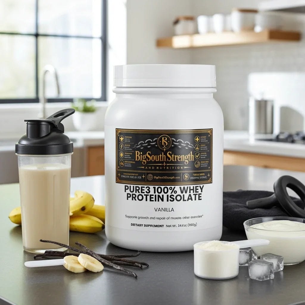 Vanilla whey protein isolate with shaker, bananas, and ice for muscle recovery and growth