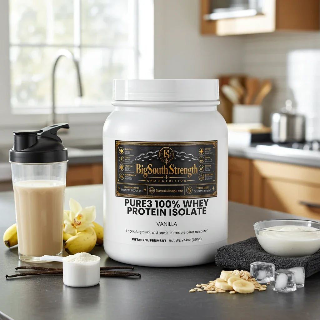 BigSouthStrength Pure3 100% Whey Protein Isolate Vanilla tub with shaker, banana, oats, and vanilla beans in kitchen