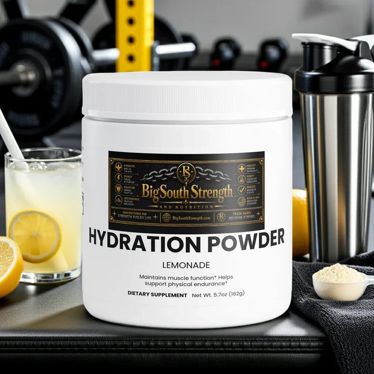 Lemonade Hydration Powder for muscle function and endurance, with gym equipment and shaker bottle