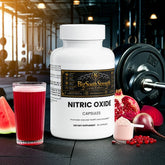 Nitric Oxide Capsules for muscle growth and performance with gym equipment and fruits