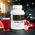 Nitric Oxide Capsules for muscle growth and performance with gym equipment and fruits