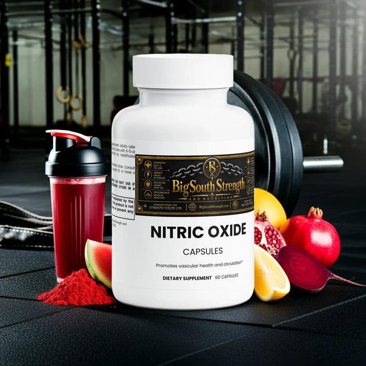 Nitric Oxide Capsules for muscle growth and performance with gym equipment and fruits