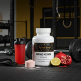 Nitric Oxide capsules with gym equipment, shaker bottle, and fresh fruits for muscle recovery and performance