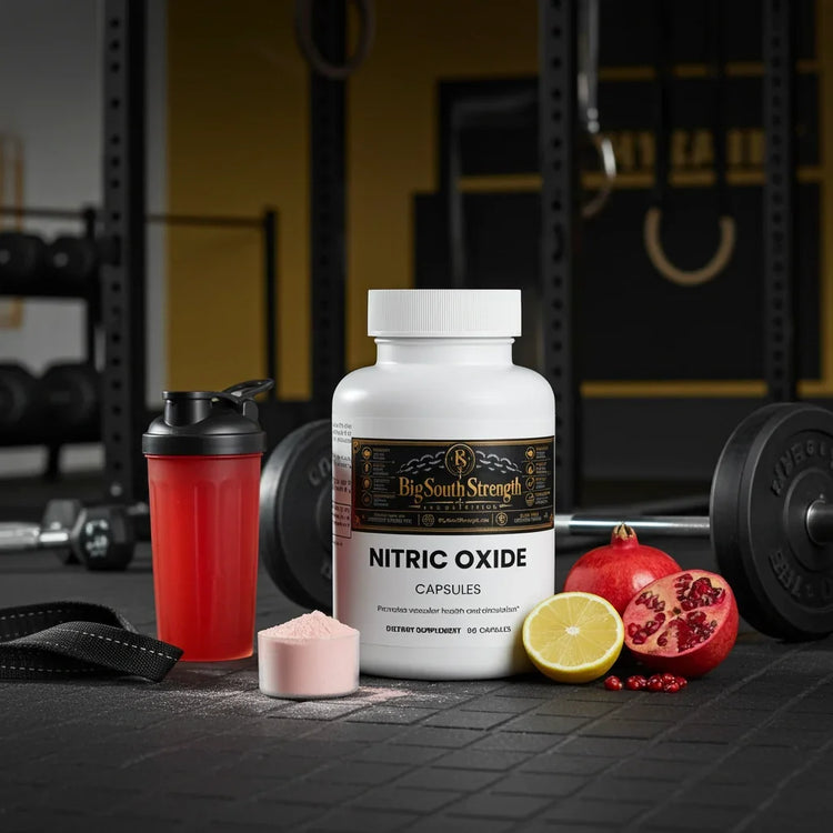 Nitric Oxide capsules with gym equipment, shaker bottle, and fresh fruits for muscle recovery and performance