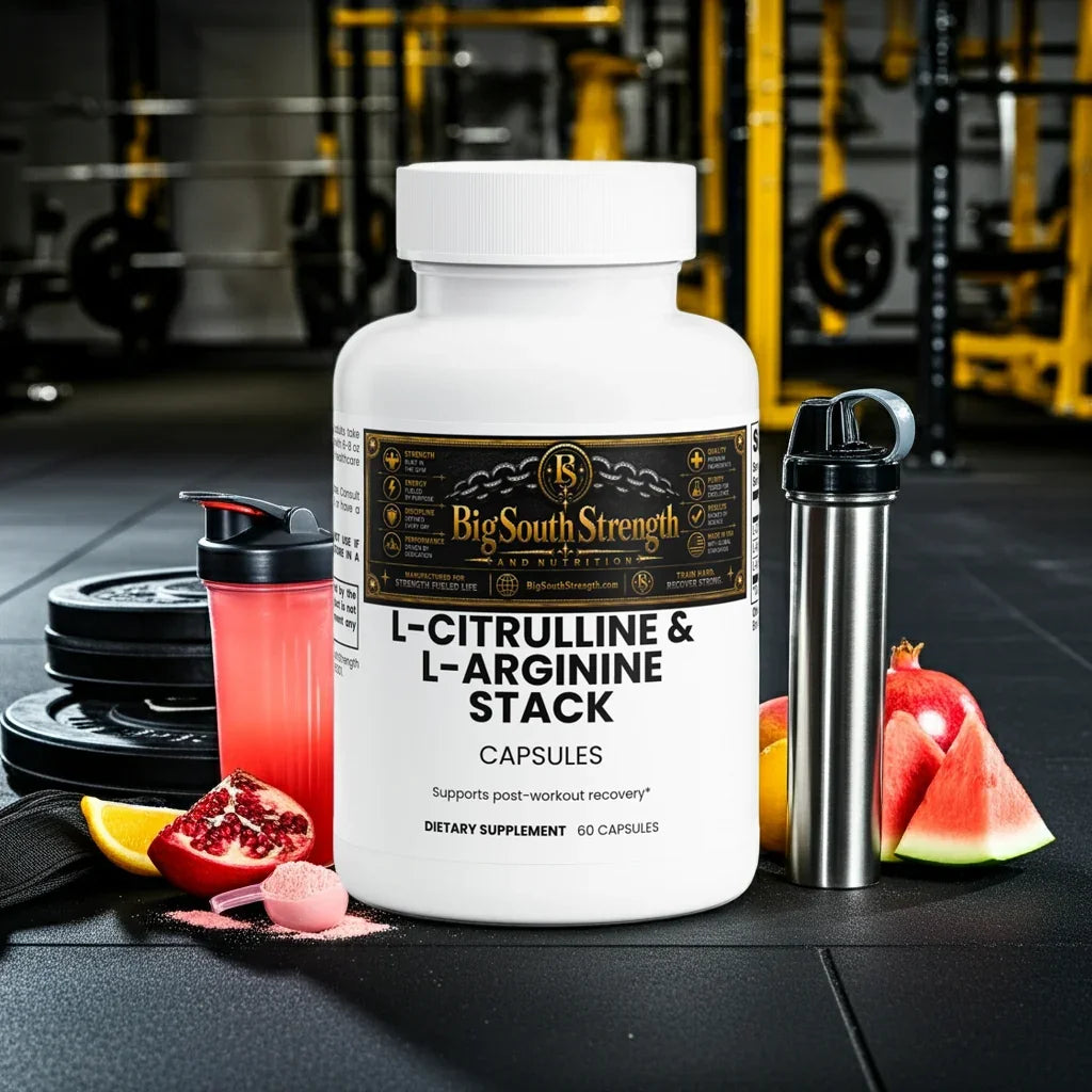 L-Citrulline & L-Arginine Stack capsules for post-workout recovery with gym and fruit backdrop