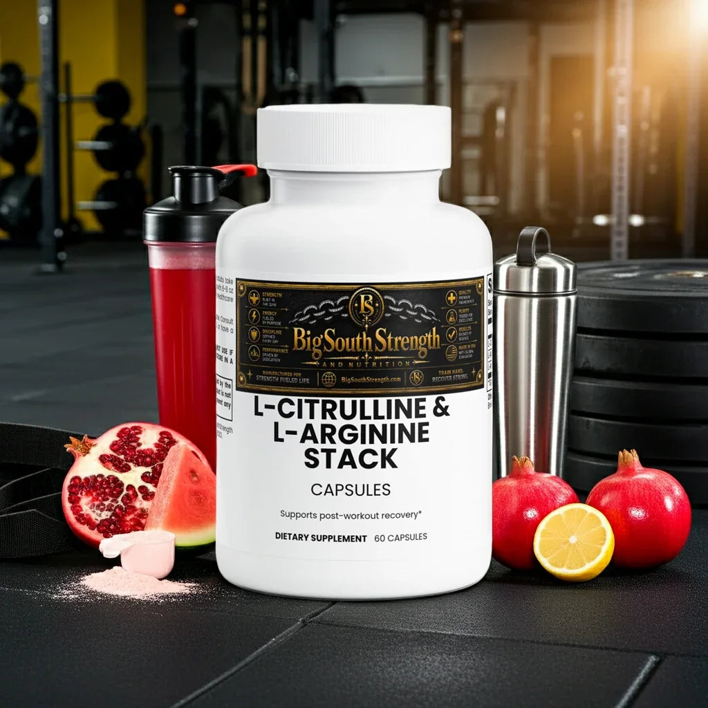 L-Citrulline & L-Arginine Stack capsules for post-workout recovery with gym and fruit backdrop