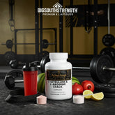L-Citrulline & L-Arginine Stack capsules with shaker, fruit, and gym gear for muscle recovery and performance