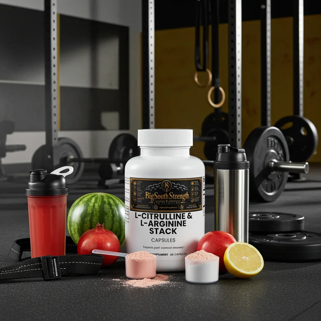 L-Citrulline & L-Arginine Stack capsules with shaker, fruits, and gym equipment for muscle recovery