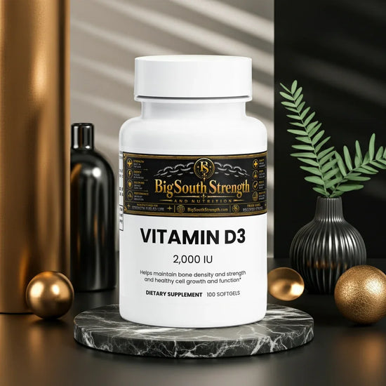 Vitamin D3 2,000 IU supplement bottle for bone density and cell health, displayed on marble with decor