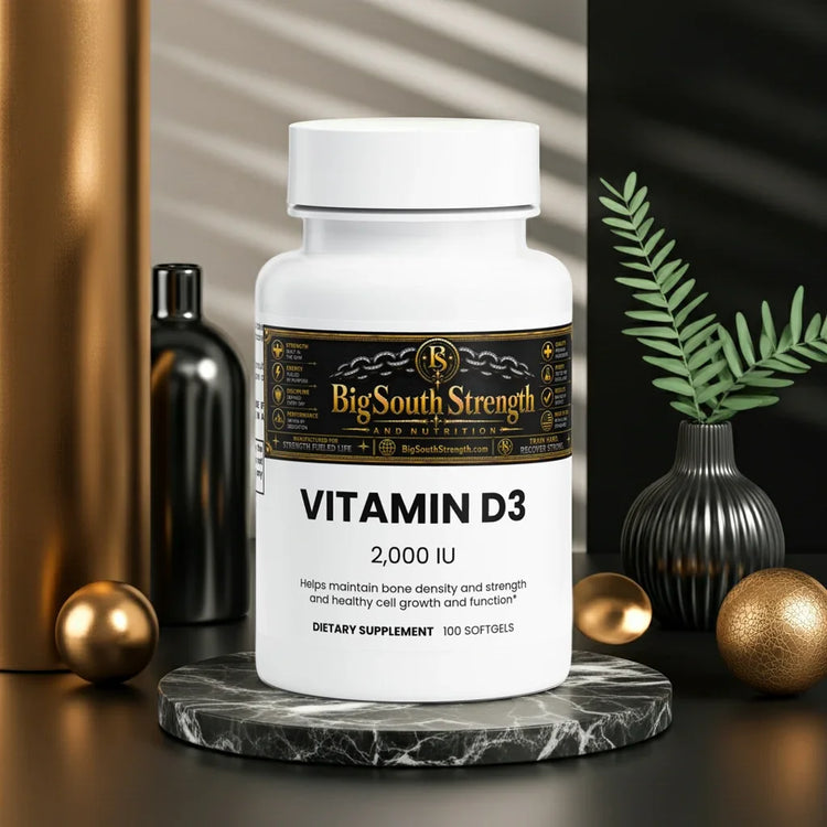 Vitamin D3 2,000 IU supplement bottle for bone density and cell health, displayed on marble with decor