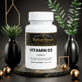 Vitamin D3 2,000 IU supplement bottle for bone density and cell health, styled with modern decor
