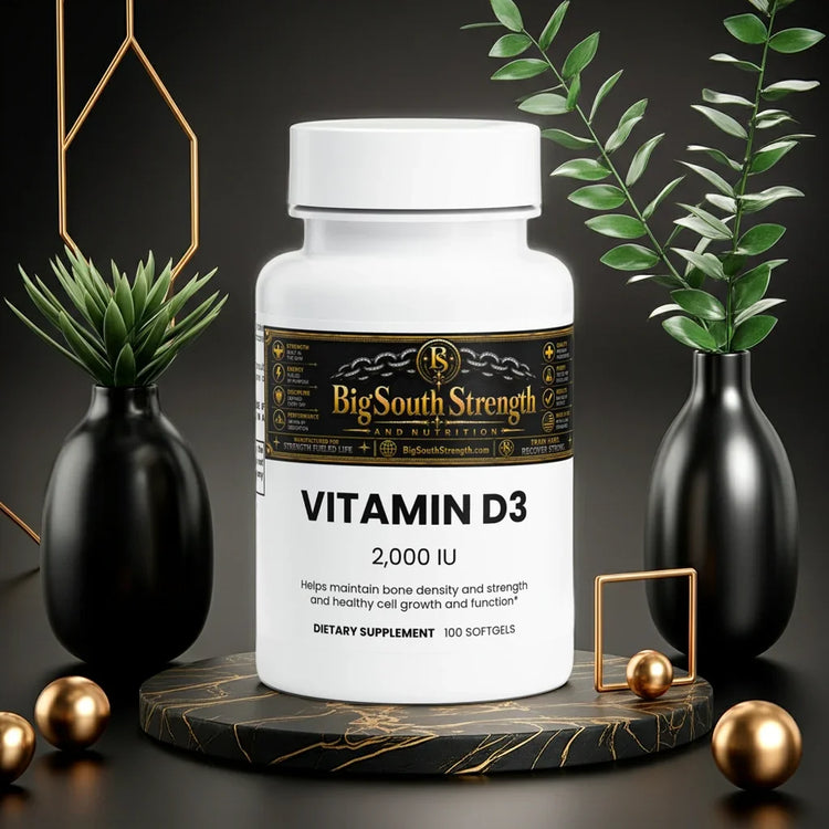 Vitamin D3 2,000 IU supplement bottle for bone density and cell health, styled with modern decor