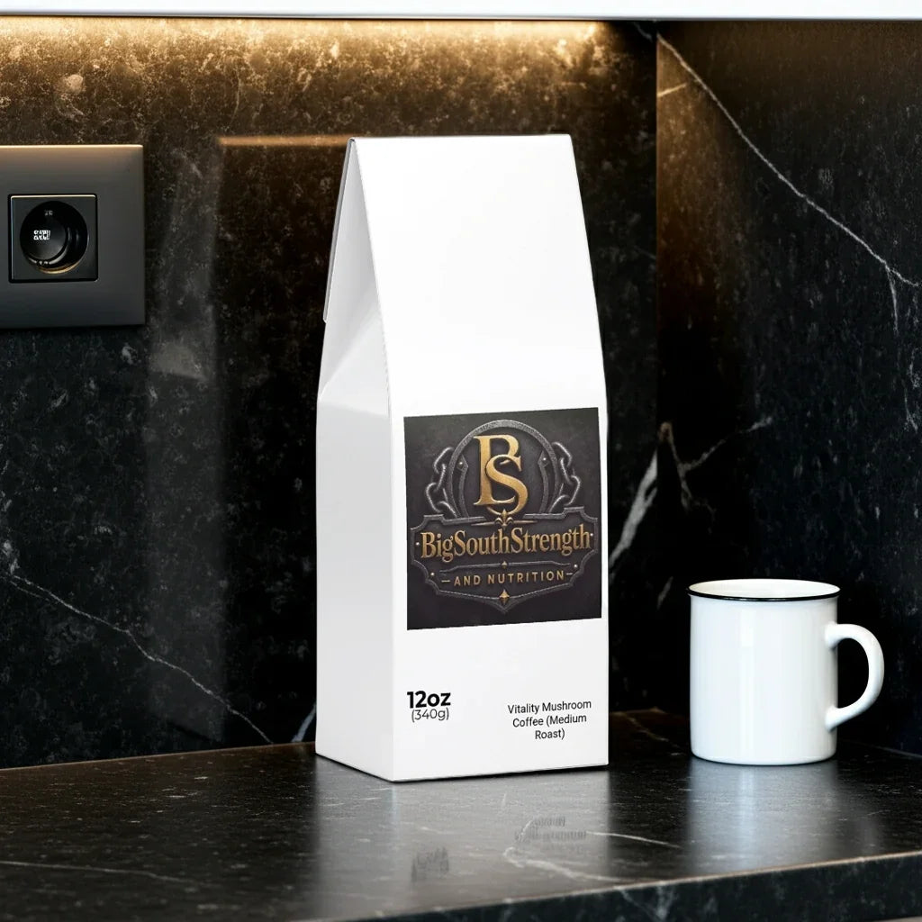 Vitality Mushroom Coffee Medium Roast bag beside white mug on black marble countertop