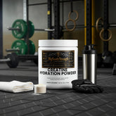 Creatine Hydration Powder for muscle strength and recovery in gym setting with shaker and gloves