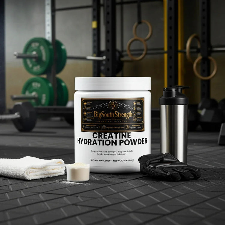 Creatine Hydration Powder for muscle strength and recovery in gym setting with shaker and gloves