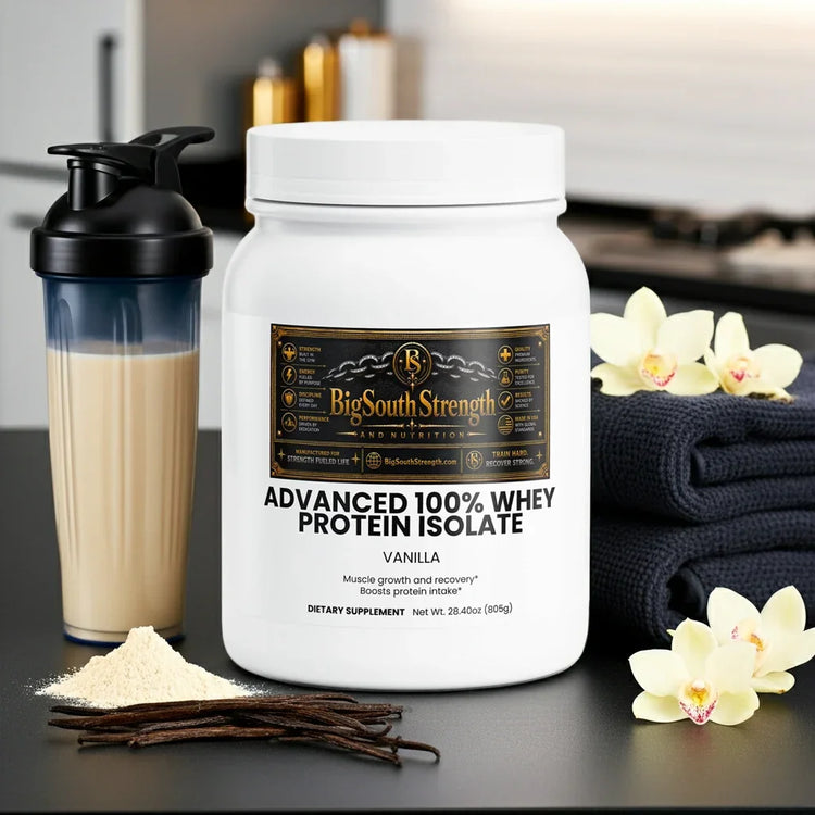 Vanilla whey protein isolate for muscle growth and recovery with shaker and vanilla beans
